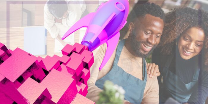 Launch Your Business with Expert Guidance A vibrant graphic showcasing a rocket launch alongside a blurred background of two individuals collaborating on documents, symbolizing innovation and teamwork in business setup and company formation.