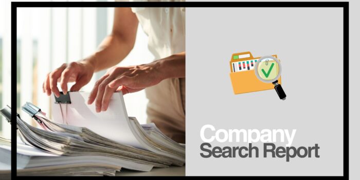 Detailed Company Search and Verification Hands organizing documents alongside a graphic folder with a magnifying glass and checkmark, representing company search and document verification.