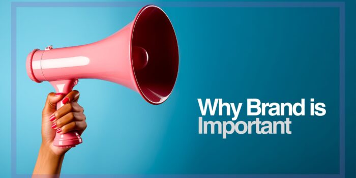The Amplifying Power of Strong Branding A pink megaphone held by a hand against a blue background, emphasizing the message "Why Brand is Important" as a visual representation of the power and significance of branding.