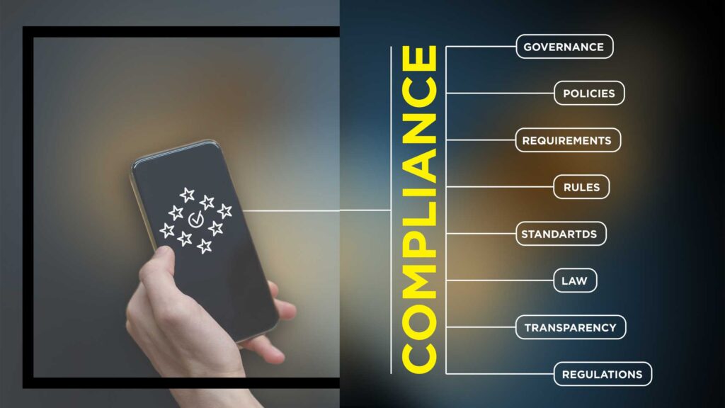 Smartphone displaying compliance icons with keywords like governance, policies, rules, and regulations—symbolizing ASAC’s support for private limited company compliance in Sri Lanka.