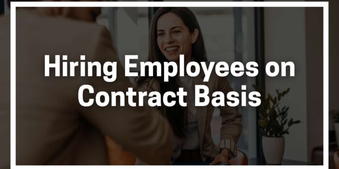 Two people in a professional setting discussing employment terms, with bold text overlay reading ‘Hiring Employees on Contract Basis’.