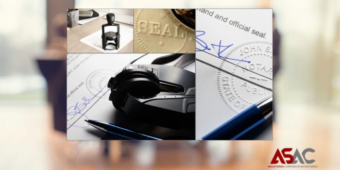 Authentic and Reliable Corporate Secretarial Services A professional setup featuring an embossed seal, rubber stamp, a signed document with a notary seal, and the ASAC Registered Corporate Secretaries logo, symbolizing official documentation and authentication.