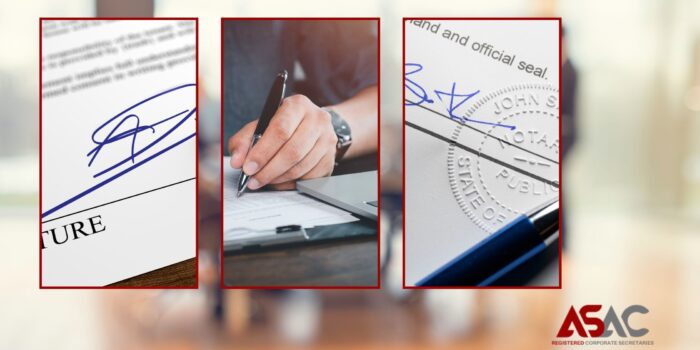 Your Trusted Partner for Corporate Documentation and Authentication A triptych featuring close-up shots of documents being signed, with a notary public seal visible on one, symbolizing precision and authenticity in corporate processes. The logo of "ASAC REGISTERED CORPORATE SECRETARIES" is positioned prominently in the bottom right corner.