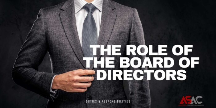 The Role of the Board of Directors: Duties & Responsibilities A person in a gray suit adjusting their jacket with bold text stating "THE ROLE OF THE BOARD OF DIRECTORS" alongside "DUTIES & RESPONSIBILITIES" and the ASAC logo.