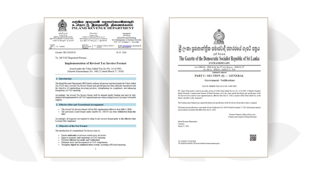 Two official government documents side by side: left page from Inland Revenue Department about revised tax invoice format; right page is The Gazette of the Democratic Socialist Republic of Sri Lanka (extraordinary).