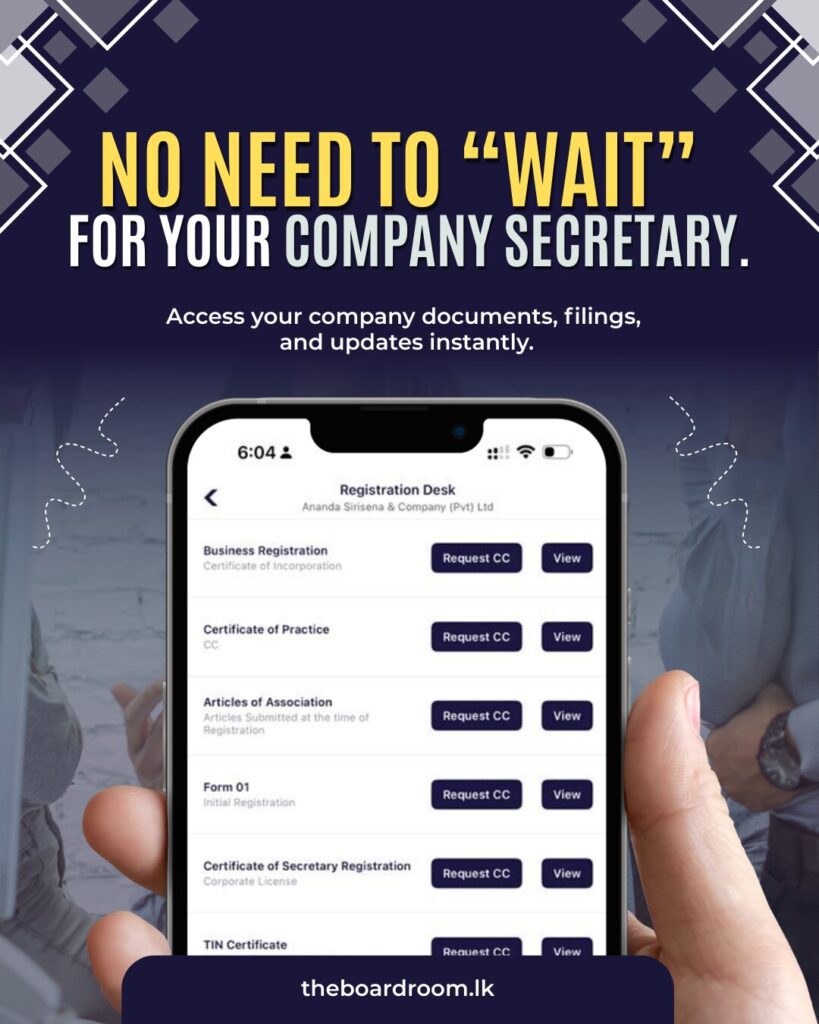 Ad promoting theboardroom.lk: a hand holding a smartphone showing a document‑listing app, with the bold slogan “No need to ‘wait’ for your company secretary.”