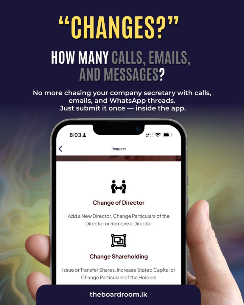 Promotional poster showing a smartphone with an app screen for changing director or shareholding, and text about reducing calls, emails, and messages.