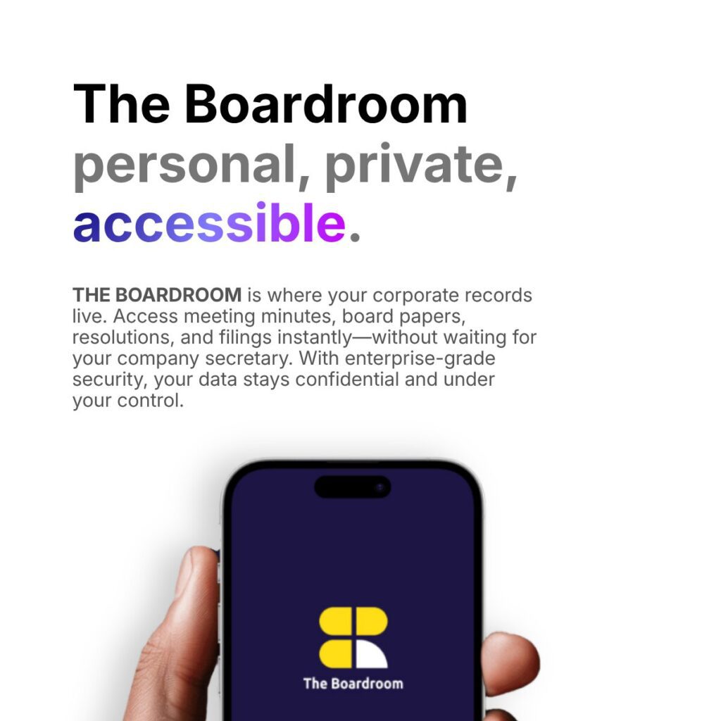 Promotional banner for The Boardroom: bold headline and values—'personal, private, accessible'—with a hand holding a smartphone showing the logo.