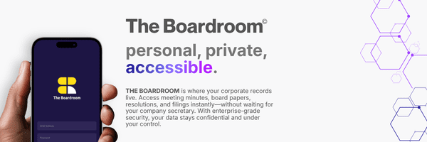 Hero banner showing a hand holding a purple iPhone with The Boardroom app; headline reads 'The Boardroom personal, private, accessible' with a paragraph about confidentiality, and purple hexagon graphics on the right.