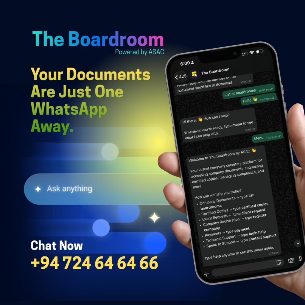 Promotional poster with The Boardroom branding, showing a smartphone displaying a WhatsApp chat; headline reads 'Your Documents Are Just One WhatsApp Away' and 'Chat Now' with a phone number at the bottom.