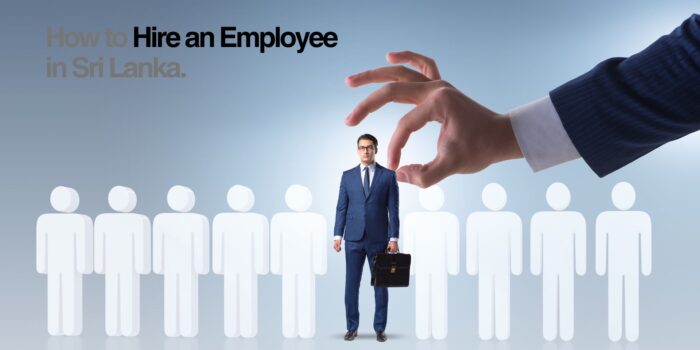Expert Guidance on Employee Hiring in Sri Lanka Large hand selecting an individual in a blue suit with a briefcase, symbolizing the hiring process in Sri Lanka, against a gradient blue and white background.