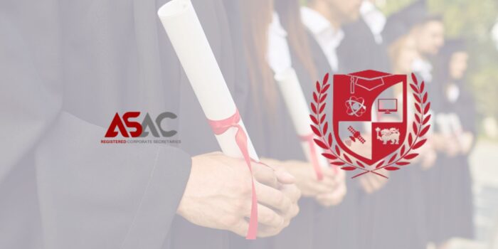 Supporting Your Educational and Professional Achievements A group of graduates holding diplomas, symbolizing success and achievement, with logos of ASAC Registered Corporate Secretaries and a red shield emblem.