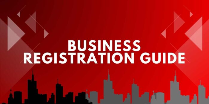Business Registration Guide Business Registration Guide with city skyline silhouette and geometric shapes on a red background.
